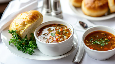 A cozy scene featuring two bowls of warm vegetable soup with fresh herbs and a side of soft bread rolls. Perfect for a comforting meal.の素材