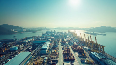 A stunning aerial view of an industrial port featuring cranes, cargo ships, and bustling activity at sunrise, showcasing maritime logistics and business operations.の素材
