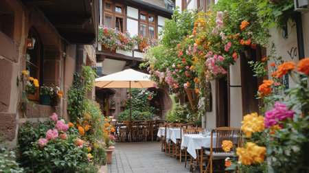 A charming outdoor restaurant nestled in a picturesque alley, adorned with vibrant blooming flowers. This inviting scene captures the essence of leisurely dining in a tranquil atmosphere.の素材