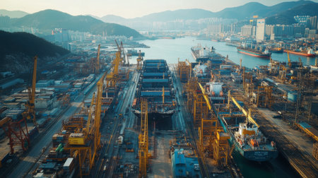 Aerial view of a busy industrial port showcasing cranes, ships, and construction activities. The bustling landscape highlights maritime commerce and urban development.の素材