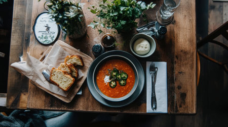 A beautifully arranged plate featuring a steaming bowl of soup alongside slices of fresh bread. Perfect for a cozy dining experience.の素材