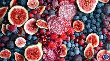 An enticing display of assorted fresh fruits and berries featuring figs, raspberries, cherries, and blueberries, perfect for healthy snacks or vibrant culinary creations.の素材