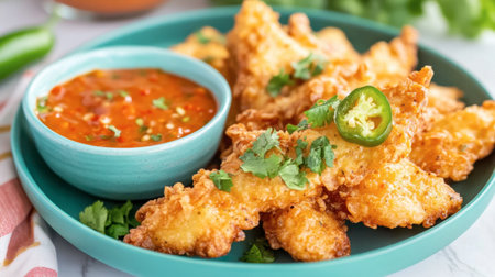 This image showcases a vibrant plate of golden fried snacks served with a spicy dipping sauce and fresh herbs, perfect for sharing at gatherings.の素材