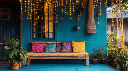 A charming and cozy outdoor space adorned with colorful cushions, twinkling fairy lights, and lush greenery. Perfect for relaxation and gatherings.の素材