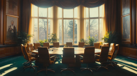 An elegant conference room featuring a large round table surrounded by comfortable chairs, illuminated by natural light from expansive windows, creating a professional atmosphere.の素材
