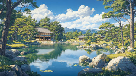 A serene Japanese garden showcases clear water reflecting lush green trees and traditional architecture, creating a peaceful atmosphere perfect for relaxation and inspiration.の素材