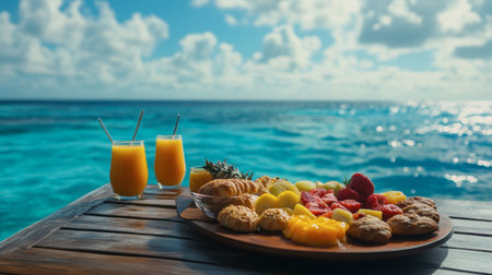 Enjoy a stunning view of a tropical breakfast spread featuring juicy fruits and cookies, paired with refreshing juice, ideal for a relaxing seaside getaway.の素材
