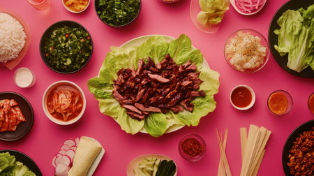 A vibrant display of fresh ingredients and dishes for Asian cuisine featuring lettuce, meat, vegetables, sauces, and rice arranged on a pink table.の素材