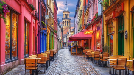 A picturesque European street lined with colorful buildings and inviting outdoor seating, perfect for a serene evening stroll or a delightful cafe experience.の素材