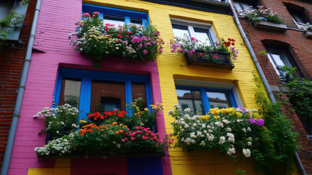 A vibrant building facade adorned with blooming flowers showcases charming balconies. This colorful urban scene brings joy and liveliness to the neighborhood.の素材