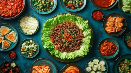 An array of vibrant Asian dishes beautifully arranged on a blue table, showcasing bold flavors and fresh ingredients ready to be shared and enjoyed.の素材