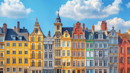 A stunning display of colorful historic buildings in Lille, France. The vibrant facades reflect the rich architectural heritage under a clear blue sky with fluffy clouds, ideal for travel enthusiasts.の素材