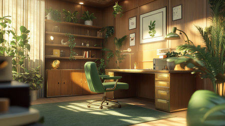 A modern office space featuring a wooden design, green plants, and a comfortable chair. The room is filled with sunlight, creating a serene and inviting atmosphere.の素材