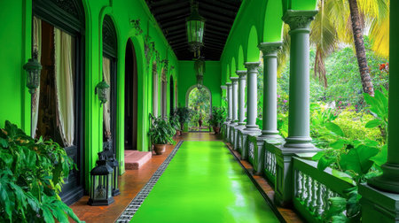 A stunning green corridor featuring lush plants and elegant architectural design, surrounded by vibrant colors and inviting atmosphere that promotes relaxation.の素材