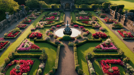 A stunning aerial view of a vibrant floral garden featuring a central fountain, lush greenery, and meticulously arranged colorful flower beds.の素材
