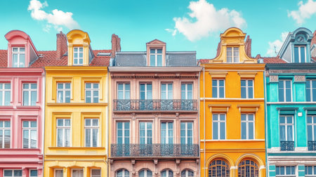 Explore the beauty of colorful historic buildings in this vibrant urban setting. The charming architecture showcases unique designs against a bright blue sky.の素材