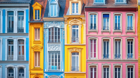 Discover the beauty of vibrant facades showcasing colorful buildings in a European city. Each structure features intricate details, lively hues, and charming artistry.の素材