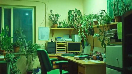 A vibrant indoor office featuring lush potted plants and a cozy workspace. The green aesthetic promotes a calming atmosphere, ideal for productivity.の素材