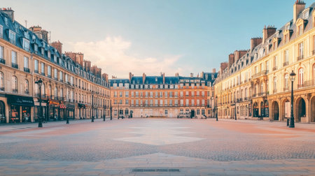 A serene view of a historic square in Europe, featuring elegant buildings and soft sunlight. The empty plaza invites exploration and captures a peaceful moment in urban life.の素材