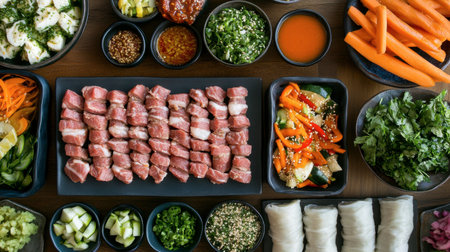 A vibrant selection of fresh ingredients including meats, vegetables, and herbs artistically arranged for Asian culinary preparation, showcasing colorful flavors and textures.の素材