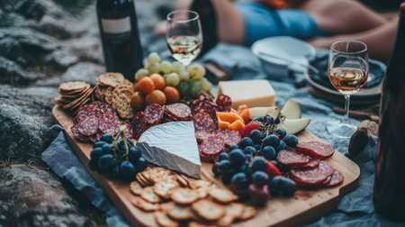 This image showcases an elegant picnic spread featuring a variety of gourmet snacks, fruits, and wine in a serene outdoor setting, perfect for gatherings.の素材