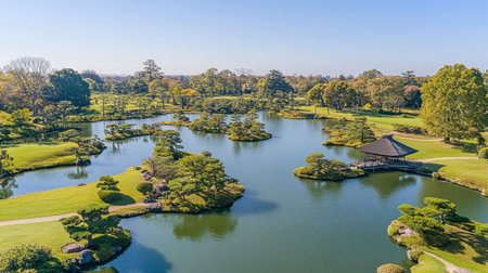 Experience the serenity of a beautiful Japanese garden featuring lush greenery, tranquil water reflections, and a peaceful atmosphere perfect for relaxation.の素材