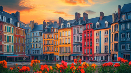A vibrant display of historic buildings along a tranquil waterway at sunset. The colorful faの素材