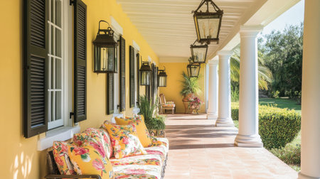 A beautifully decorated outdoor porch with vibrant floral cushions, charming lanterns, and lush greenery creates a serene and inviting atmosphere. Perfect for relaxation.の素材