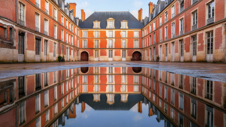 Explore a beautiful historical courtyard, perfectly reflected in tranquil water. The charming architecture and vibrant colors create a stunning visual experience.の素材