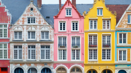 Charming pastel facades of traditional European buildings create a vibrant street scene in the town square, showcasing unique architectural details and historical significance.の素材