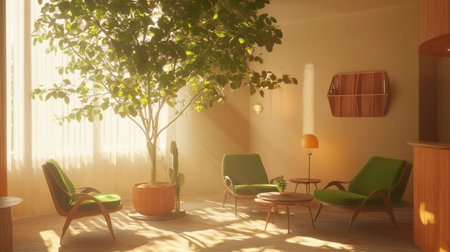 Bright and inviting indoor living space featuring a large tree, comfortable chairs, and soft sunlight. Perfect for relaxation or inspiration in home decor.の素材