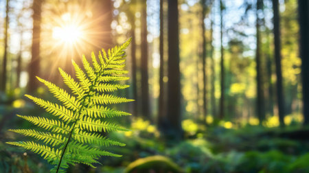 A vibrant fern leaf is illuminated by soft sunlight, creating a serene atmosphere in a lush forest. The background features gentle bokeh effects.の素材