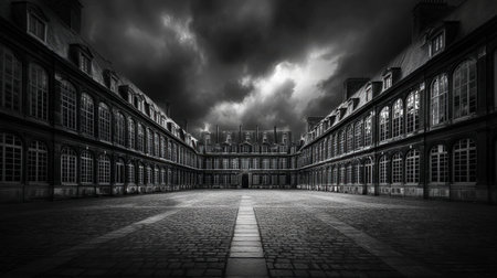 A captivating view of gothic architecture framed by a moody sky, showcasing intricate details and an empty courtyard that evokes mystery and tranquility.の素材