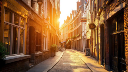 A picturesque scene capturing a serene sunset illuminating a historic cobblestone street. Warm golden light bathes the charming buildings, inviting exploration.の素材