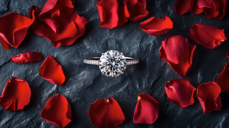 A stunning diamond ring placed amid vibrant red rose petals on a dark slate surface, creating a romantic and elegant atmosphere perfect for any special occasion.の素材