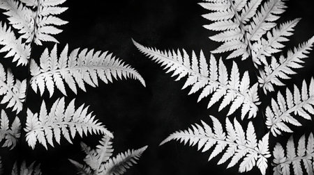 This artistic monochrome image showcases elegant white fern leaves overlapping on a dark background, creating a striking contrast that enhances the beauty of nature.の素材