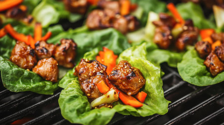 Enjoy a delicious arrangement of grilled meatballs served on fresh lettuce leaves, garnished with vibrant peppers, perfect for parties or healthy snacking.の素材