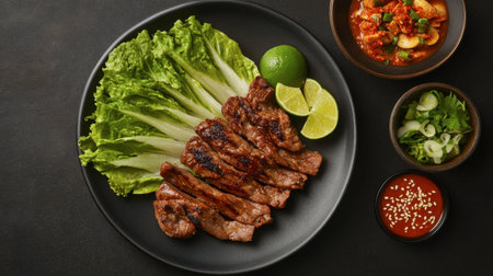 A vibrant plate featuring grilled beef slices accompanied by fresh lettuce, lime wedges, and various dipping sauces, perfect for a delicious meal.の素材