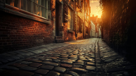 Charming cobblestone alleyway illuminated by warm sunset light, showcasing historic architecture and a peaceful atmosphere perfect for exploration.の素材