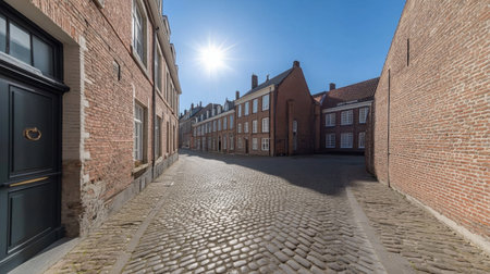 A peaceful cobblestone street bathed in sunlight, showcasing historic brick buildings. Ideal for travel and tourism themes, this serene outdoor scene invites exploration.の素材