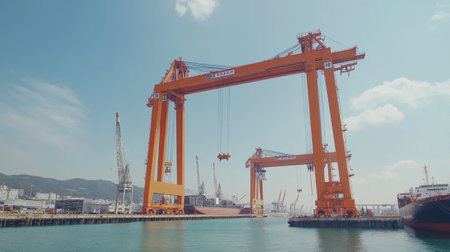A vibrant scene of a marine port featuring heavy cranes and cargo ships under a clear blue sky. This image showcases industrial technology and maritime logistics.の素材