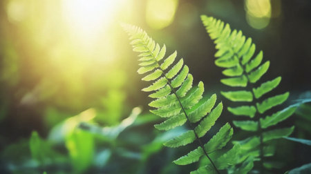 Sunlight filters through vibrant green fern leaves in a serene forest. This close-up captures the beauty of nature, evoking feelings of tranquility and growth.の素材