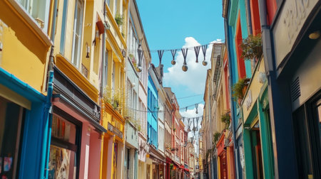 A vibrant street scene featuring colorful buildings and decorative banners against a bright blue sky. This charming location embodies a lively, inviting atmosphere perfect for exploration.の素材