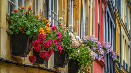 Beautiful balcony planters filled with vibrant flowers bring life to urban architecture. A stunning display of colors enhances the serene outdoor atmosphere.の素材