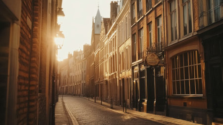 A charming European street bathed in warm morning sunlight, showcasing vintage architecture and cobblestone pathways. Perfect for travel inspiration.の素材