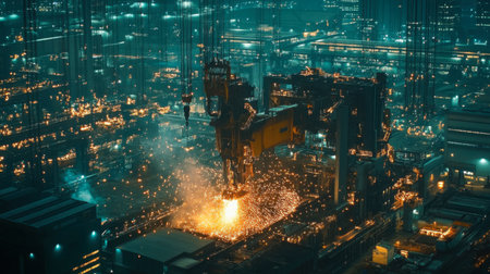 Captivating industrial scene showcasing machinery and molten metal in action. Sparks fly amidst high-tech infrastructure, highlighting the vibrancy of modern manufacturing.の素材