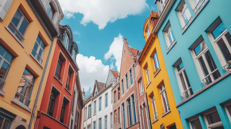 Explore the vibrant colors of European buildings under a clear blue sky. This image captures the essence of urban life, showcasing lively facades and rich architectural details.の素材
