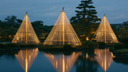 A serene Japanese garden scene at twilight featuring illuminated trees reflecting in tranquil water, showcasing a perfect blend of nature and artistry in harmony.の素材
