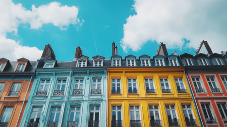 Explore the vibrant facades of historical French buildings under a clear blue sky. Their unique colors and architectural styles create a charming urban landscape.の素材