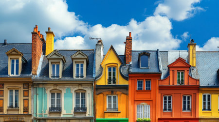 Vibrant, colorful facades of traditional houses stand against a bright blue sky. This picturesque street captures the charm and beauty of European architecture.の素材